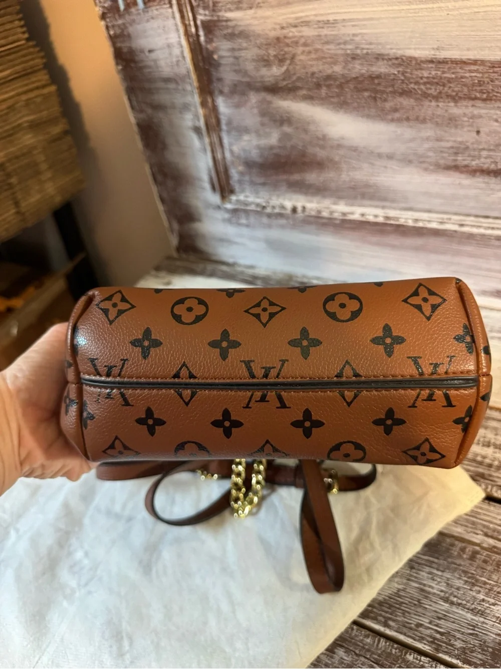 Brown Monogram Crossbody Bag with Gold Chain